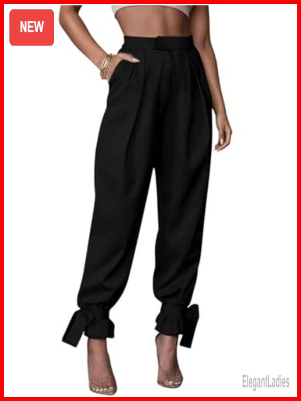 High Waist Pleated Trousers Bow-Tie Ankle Cuffs Elegant Commuter Pants with